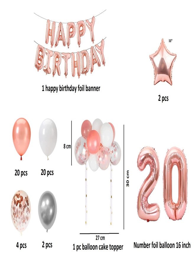 FI - FLICK IN 52 pcs 20th Birthday Decorations for Girls with Balloon Cake Topper 20th Birthday Decorations Set for Adults Number Foil 20 Confetti Balloons (Pack of 52,Rose Gold) - Image 2